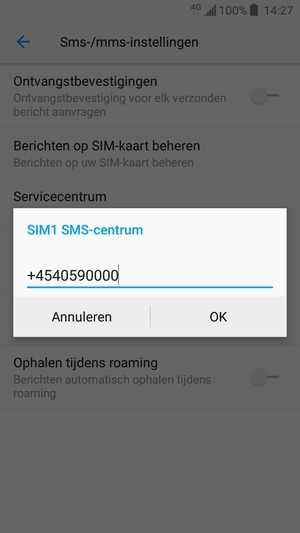 Voer het SIM SMS-centrum nummer in en selecteer OK
