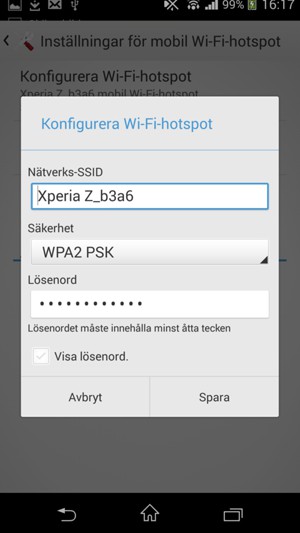 Ange ett lösenord för Wi-Fi-hotspoten, bestående av minst 8 tecken och välj Spara