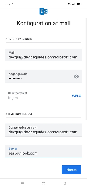 Indtast Brugernavn og Exchange serveradresse. Vælg Næste