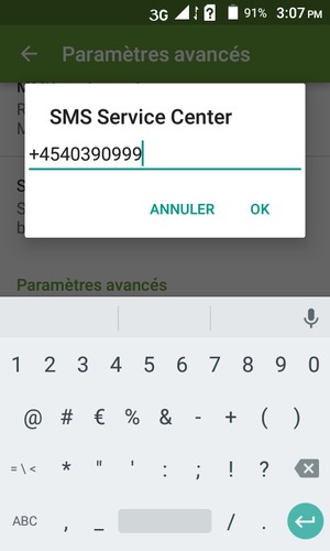 Saisissez le numéro du SMS Service Center et sélectionnez OK