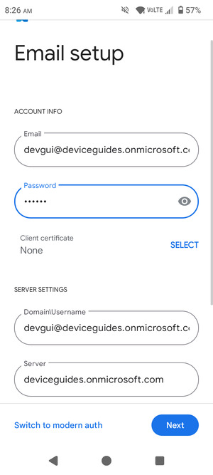 Enter Username and Exchange server address. Select Next