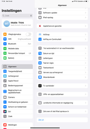 Selecteer Algemeen en Zet over of stel iPad opnieuw in