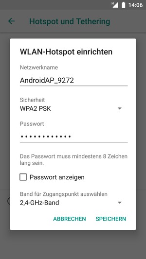 Geben Sie eine WLAN-Hotspot-Passwort mit mindestens 8 Zeichen ein und wählen Sie SPEICHERN