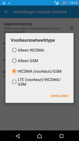 Selecteer WCDMA (voorkeur)/GSM om 3G in te schakelen en LTE (voorkeur)/WCDMA/GSM om 4G in te schakelen