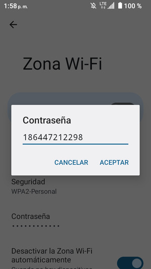 Introduzca una contraseña Zona Wi-Fi de al menos 8 caracteres y seleccione ACEPTAR