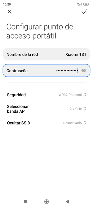 Introduzca una contraseña de punto de acceso Wi-Fi de al menos 8 caracteres y seleccione Aceptar