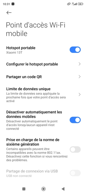 Votre téléphone est maintenant configuré pour être utilisé comme modem