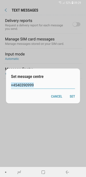 Enter the Message centre number and select SET