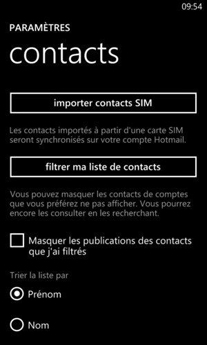 Sélectionnez importer contacts SIM