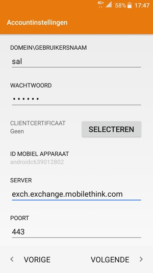 Voer Gebruikersnaam en Exchange serveradres in. Selecteer VOLGENDE