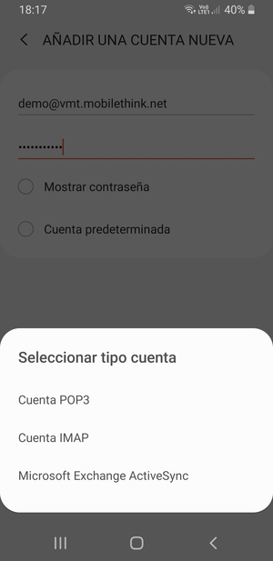 Seleccione Cuenta POP3 o Cuenta IMAP