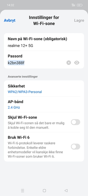 Skriv inn et Wi-Fi hotspot-passord på minst 8 tegn og velg Lagre