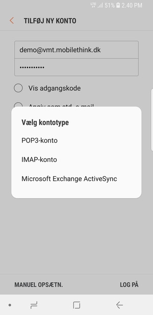 Vælg POP3-konto eller IMAP-konto