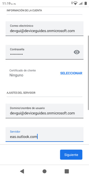 Introduzca Nombre de usuario y la dirección de servidor Exchange. Seleccione Siguiente