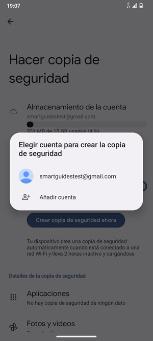 Seleccione su cuenta de copia de seguridad