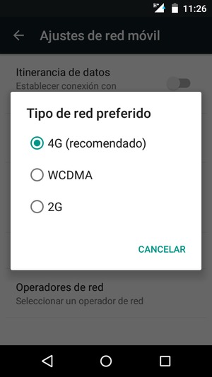 Seleccione WCDMA para habilitar 3G y 4G (recomendado) para habilitar 4G
