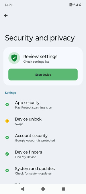 To activate your screen lock, go to the Security & privacy menu and select Device unlock