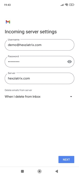 Enter Username and Incoming server address. Select NEXT