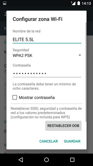 Introduzca una contraseña de punto de acceso Wi-Fi de al menos 8 caracteres y seleccione GUARDAR