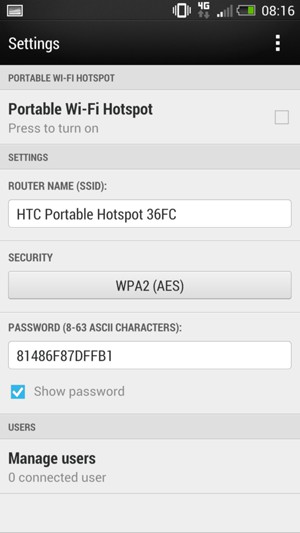 Enter a password of at least 8 characters and check the Portable Wi-Fi Hotspot checkbox