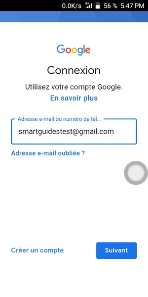 Saisissez votre adresse Gmail et sélectionnez Suivant