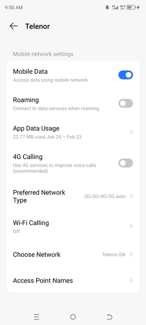 Scroll to and select Preferred Network Type