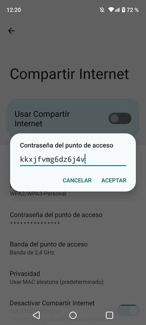 Introduzca una contraseña de punto de acceso Wi-Fi de al menos 8 caracteres y seleccione ACEPTAR