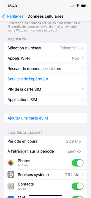 Sélectionnez PIN de la carte SIM