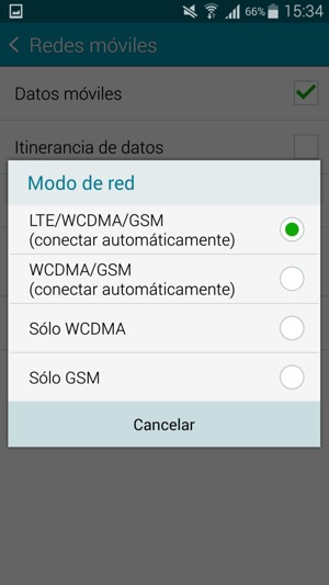 Seleccione WCDMA/GSM (conectar automáticamente) para habilitar 3G y seleccione LTE/WCDMA/GSM (conectar automáticamente) para habilitar 4G