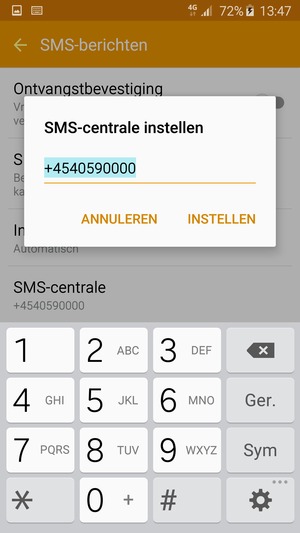 Voer het SMS-centrale nummer in en selecteer INSTELLEN