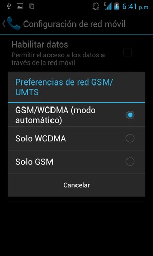 Seleccione Solo GSM para habilitar 2G y GSM/WCDMA (modo automático) para habilitar 3G