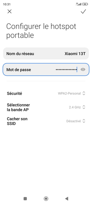 Saisissez un mot de passe de hotspot Wi-Fi d'au moins 8 caractères et sélectionnez OK