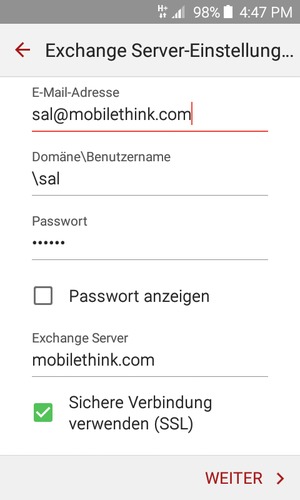 Geben Sie Benutzername und Exchange Server-Adresse ein. Wählen Sie WEITER