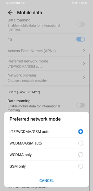 Select WCDMA/GSM auto to enable 3G and LTE/WCDMA/GSM auto to enable 4G
