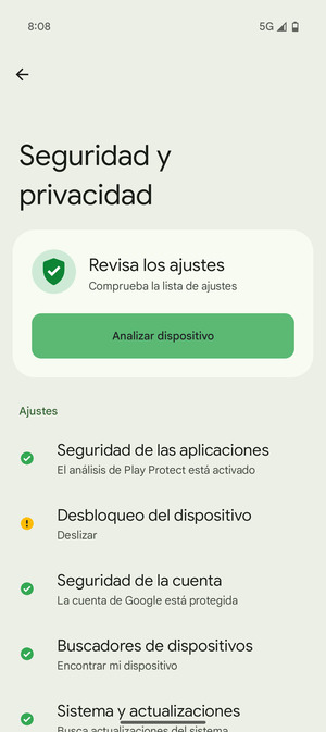 Para activar su bloqueo de pantalla, vaya al menú Seguridad y privacidad y seleccione Desbloqueo del dispositivo