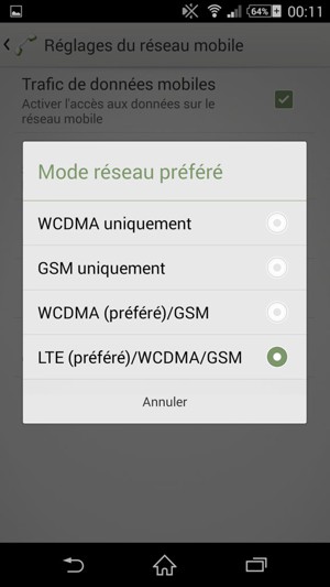 Sélectionnez LTE (préféré)/WCDMA/GSM pour activer la 4G