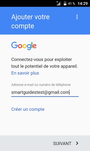 Saisissez votre adresse Gmail et sélectionnez SUIVANT