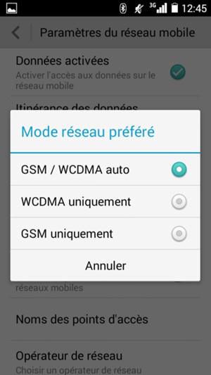 Sélectionnez GSM uniquement pour activer la 2G et GSM / WCDMA auto pour activer la 3G