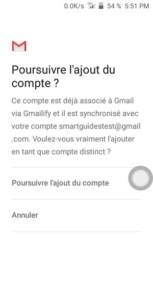 Sélectionnez Poursuivre l'ajout du compte