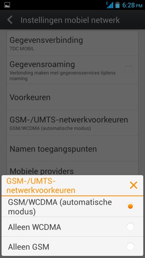 Selecteer Alleen GSM om 2G in te schakelen en GSM/WCDMA (automatische modus) om 3G in te schakelen