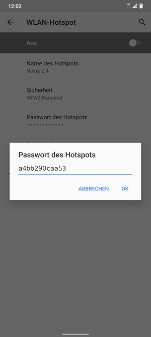 Geben Sie eine WLAN-Hotspot-Passwort mit mindestens 8 Zeichen ein und wählen Sie OK