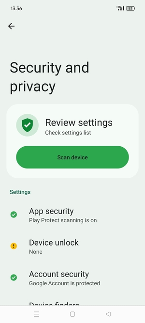 To activate your screen lock, go to the Security and privacy menu and select Device unlock