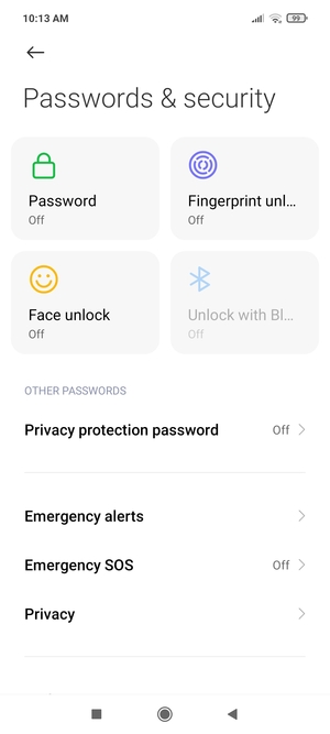 To activate your screen lock, return to the Passwords & security menu and select Password