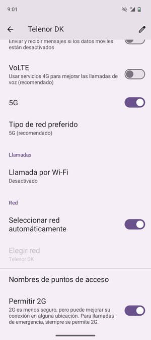 Desplácese  y seleccione Tipo de red preferido