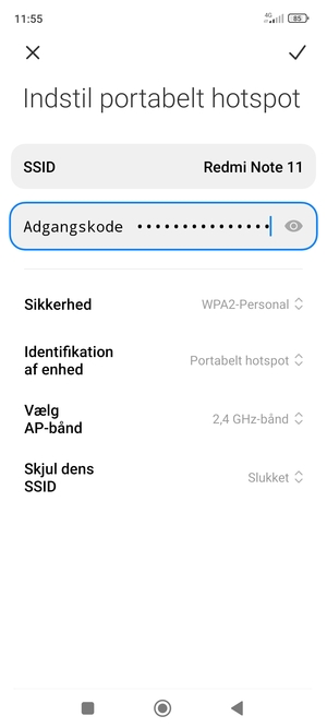 Indtast en Wi-Fi-hotspot adgangskode på minimum 8 tegn og vælg GEM