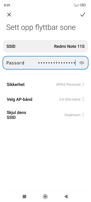 Skriv inn et Wi-Fi hotspot-passord på minst 8 tegn og velg LAGRE