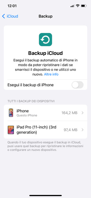 Attiva Esegui il backup di iPhone