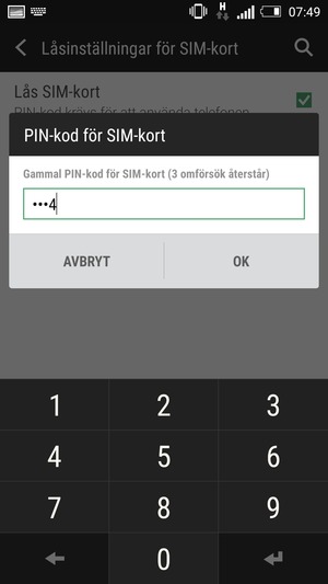 Ange din Gamla PIN-kod för SIM-kort och välj OK