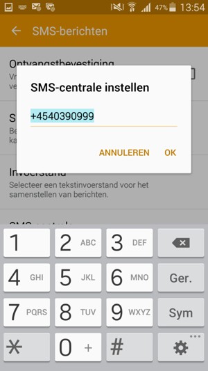 Voer het SMS-centrale nummer in en selecteer OK / INSTELLEN