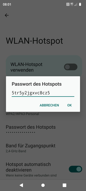 Geben Sie eine WLAN-Hotspot-Passwort mit mindestens 8 Zeichen ein und wählen Sie OK